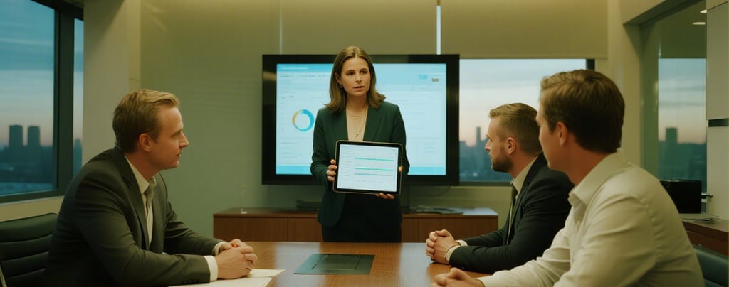 confident female manager presenting a sleek data-quality dashboard on a tablet to two attentive colleagues in a contemporary 