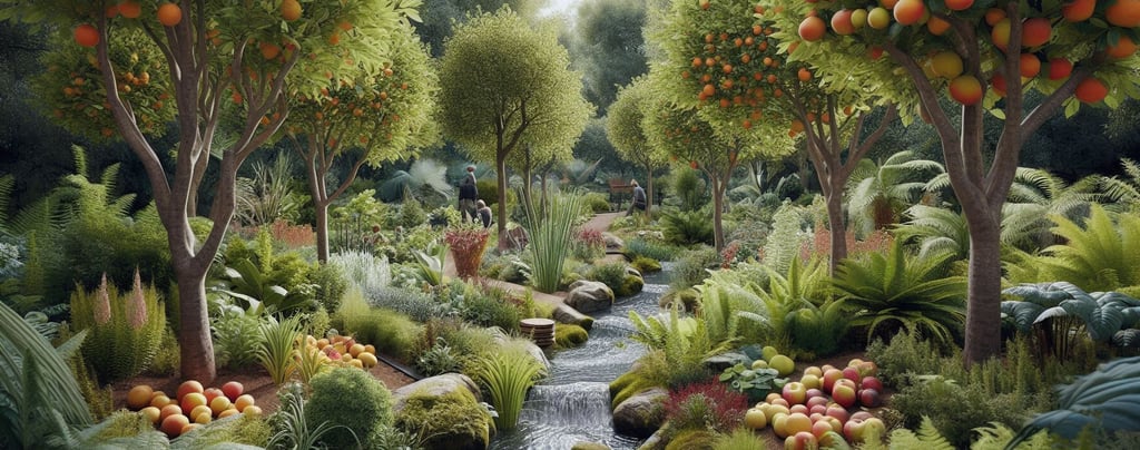 various fruit trees and plants beside a stream