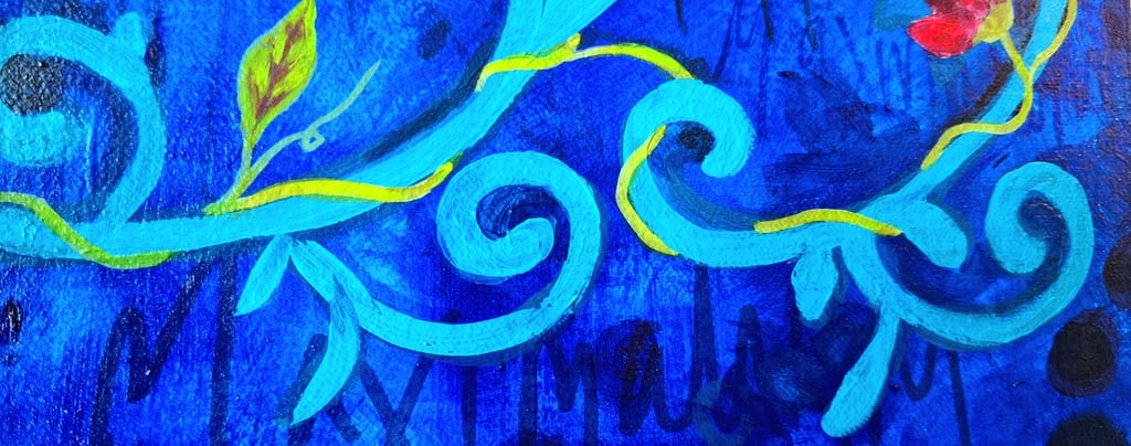 cryptic text  and organic forms in a painting