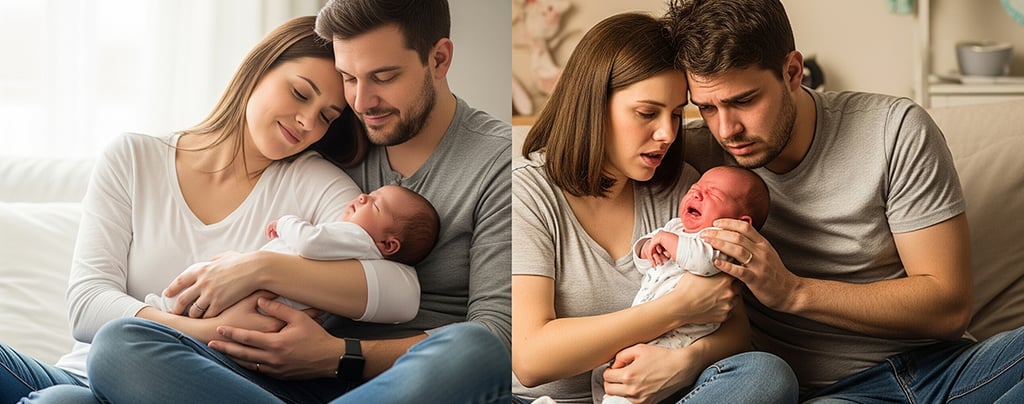 pais com recém-nascido em momentos de calma e choro em casa