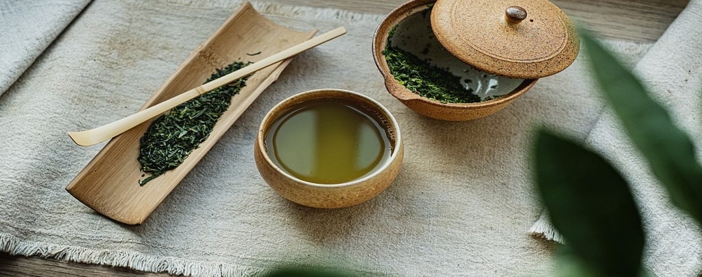 Green Tea in a cup and green tea leaves