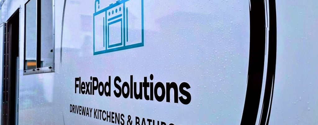 Exterior of a temporary bathroom pod branded by FlexiPod Solutions, supplied for insurance claims and renovation projects.