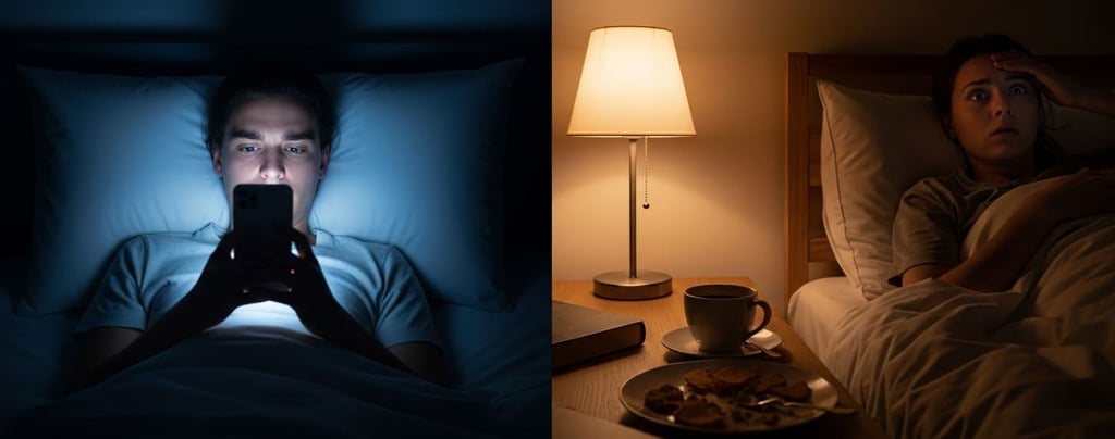 a man in bed with a cell phone and a cup of coffee