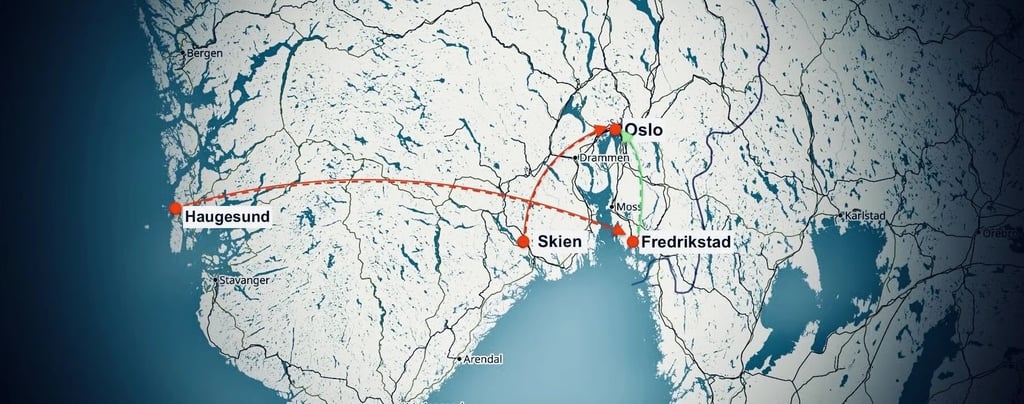 A map showing Salah al-Saadi,Fredrikstad, and Zainab AbdulKarim's,Oslo, pursuit of victims in Norway