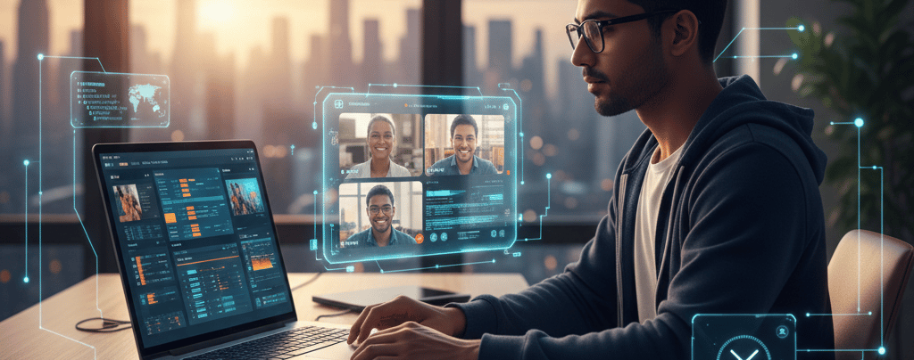 Wide professional banner of a futuristic AI customer support agent with a digital avatar and floatin