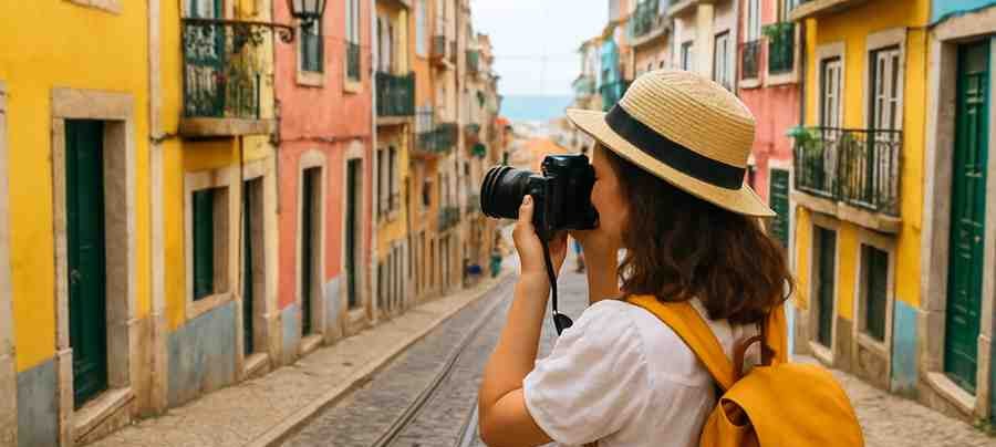 Woman taking photos in the colorful streets of Lisbon, Portugal