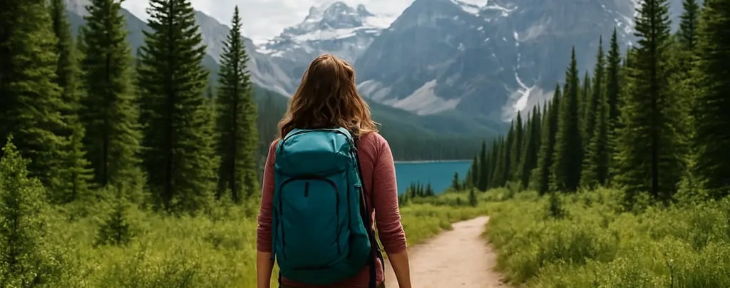 Female backpacker enjoying a peaceful walk in Banff National Park, Canada