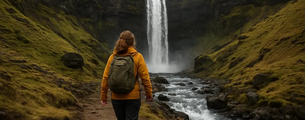 Woman hiking alone near a waterfall in Iceland’s rugged landscape