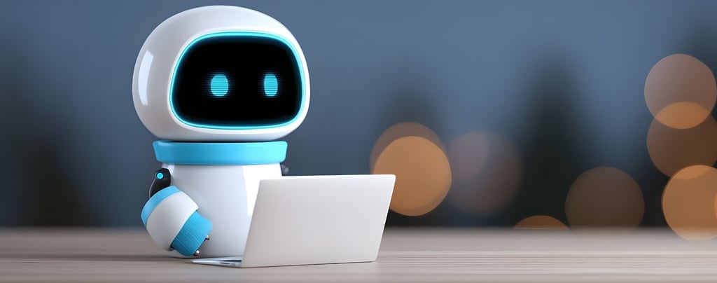 A small, cute robot working at a laptop computer