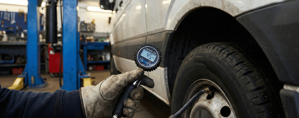 A mechanic checking tyre pressure on a commercial fleet van to improve fuel efficiency