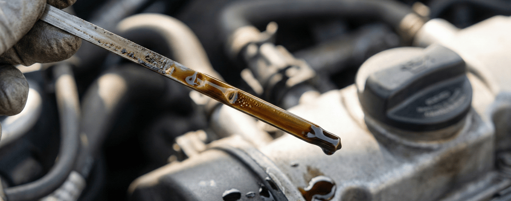 Close-up of engine oil dipstick showing dark used oil — engine maintenance and fuel efficiency