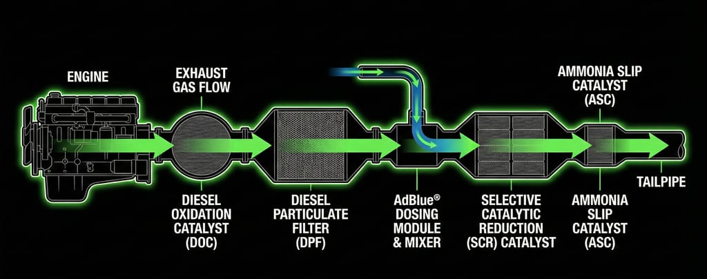 Diagram of a Euro VI aftertreatment system showing exhaust flowing through DOC, DPF, AdBlue mixer, SCR, and ASC.