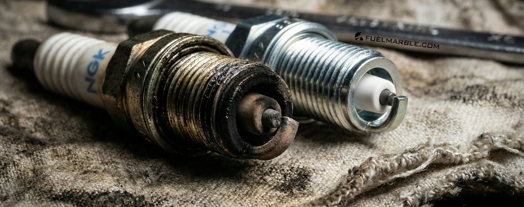Worn vs new spark plug comparison showing carbon fouling and electrode wear affecting fuel economy
