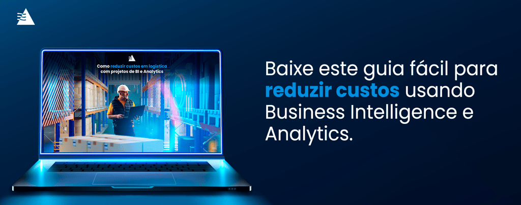 Laptop display showing a warehouse logistics guide for cost reduction using Business Intelligence and Analytics.