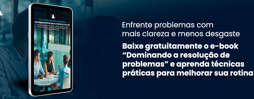 E-book sobre resolução de problemas em um tablet ao lado de texto chamando para download gratuito.