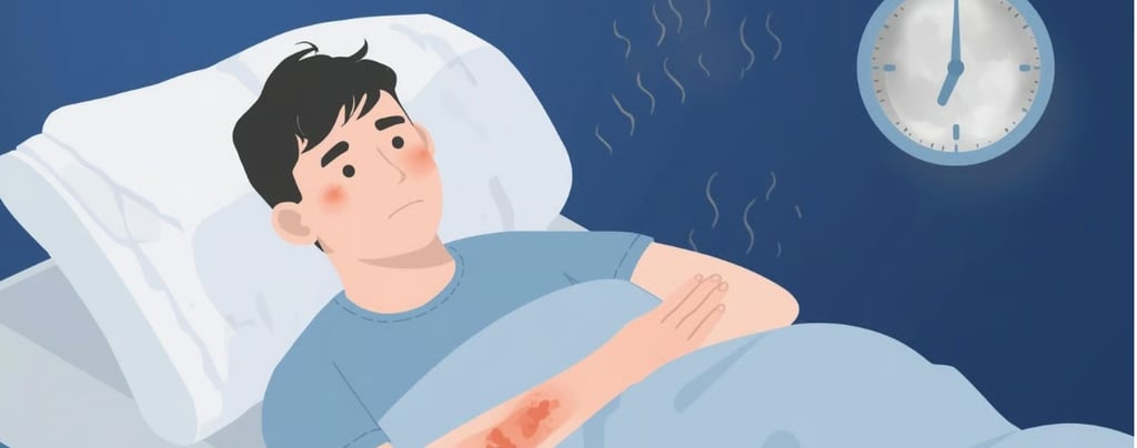 Мужчина лежит в постели и не может уснуть, его кожа раздражена и воспалена.