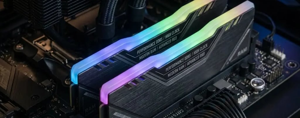 Two sticks of high-performance DDR5 RAM with glowing RGB lighting installed on a black motherboard.