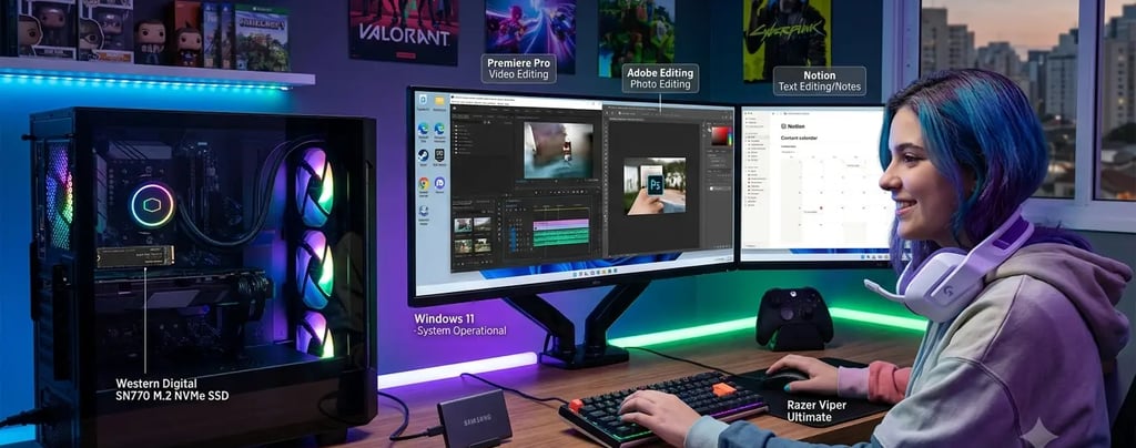 A gamer at a custom PC gaming setup with dual monitors, RGB lighting, and video editing software.