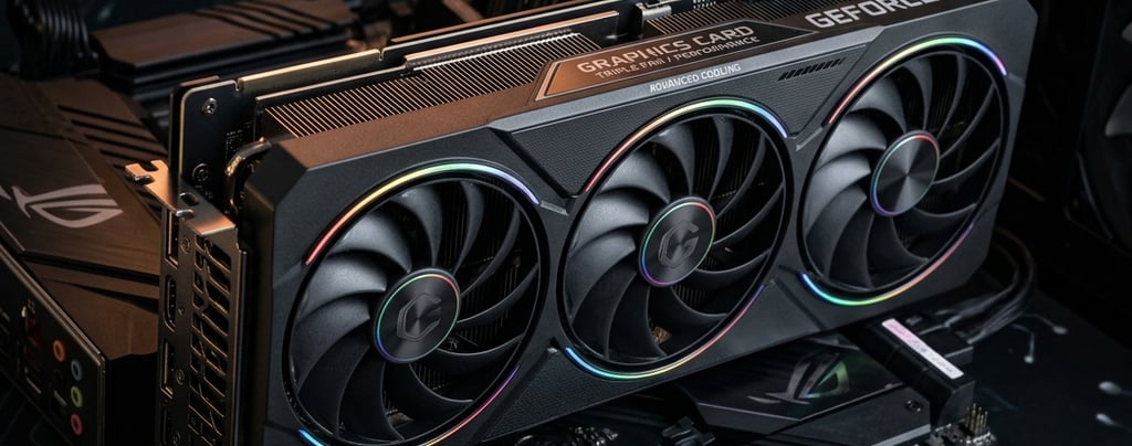 A high-performance NVIDIA GeForce RTX graphics card with triple RGB fans installed on a gaming motherboard.