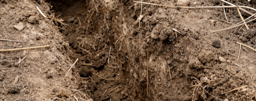 Garden trench dug for irrigation system installation, ready for placing underground watering pipes.