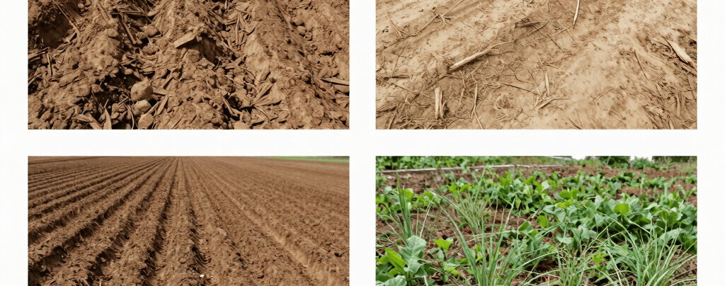 Comparison of dry soil, clay soil, sandy soil, and weedy soil, highlighting the differences 