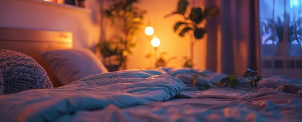 Peaceful bedroom environment at night with soft lighting and calm atmosphere