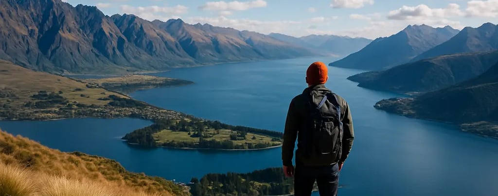 Solo traveler overlooking the mountains and lakes of Queenstown, New Zealand
