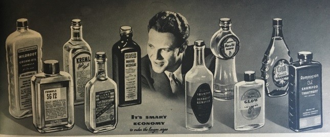 Vintage advertisement showing a man with various bottles of 1940s hair tonic and shampoo products.