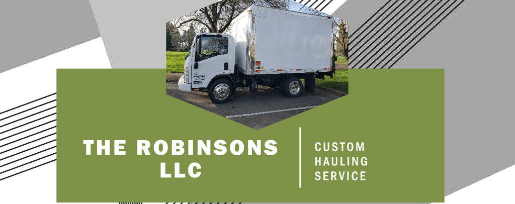 a truck with a white junk removal truck in the background and a green and white background