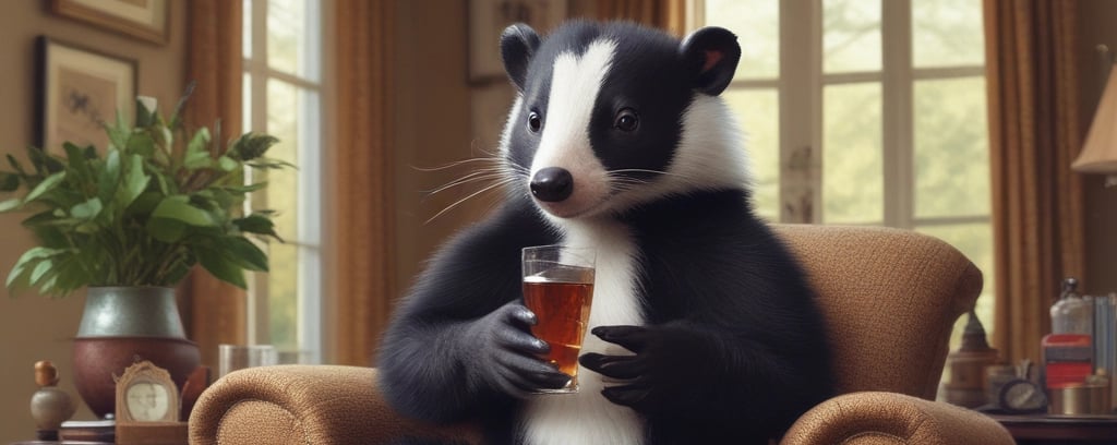 Image of skunk drinking a beer in a recliner