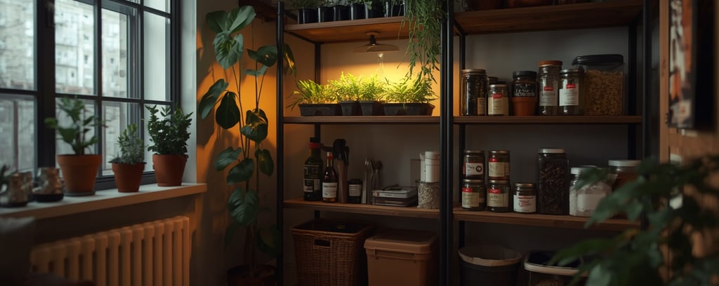 Apartment homesteading for beginners with indoor herbs, microgreens, food storage, and small-space self-sufficiency setup.