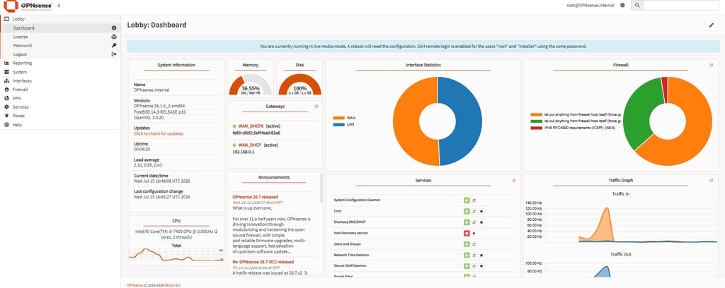 Tela inicial da web console do OPNsense, mostrando o Dashboard