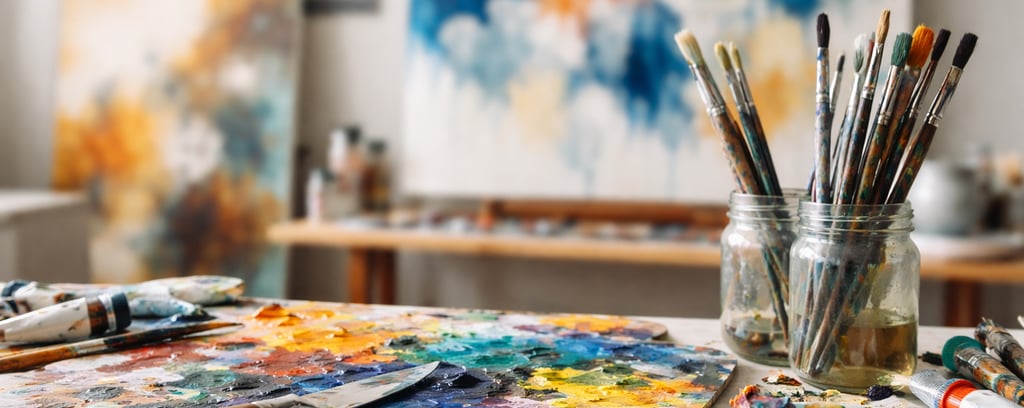 Paint on a pallet aside two mason jars holding paint brushes