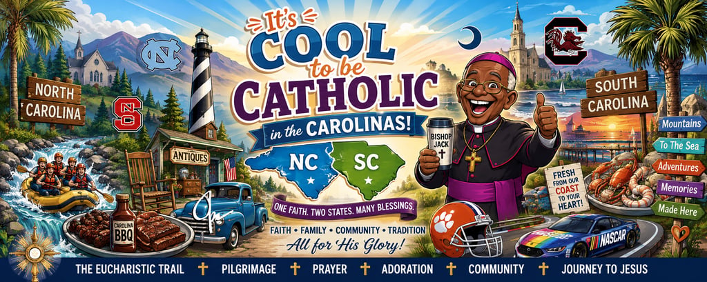 Colorful cartoon banner announcing Cool 2B Catholic in Carolinas