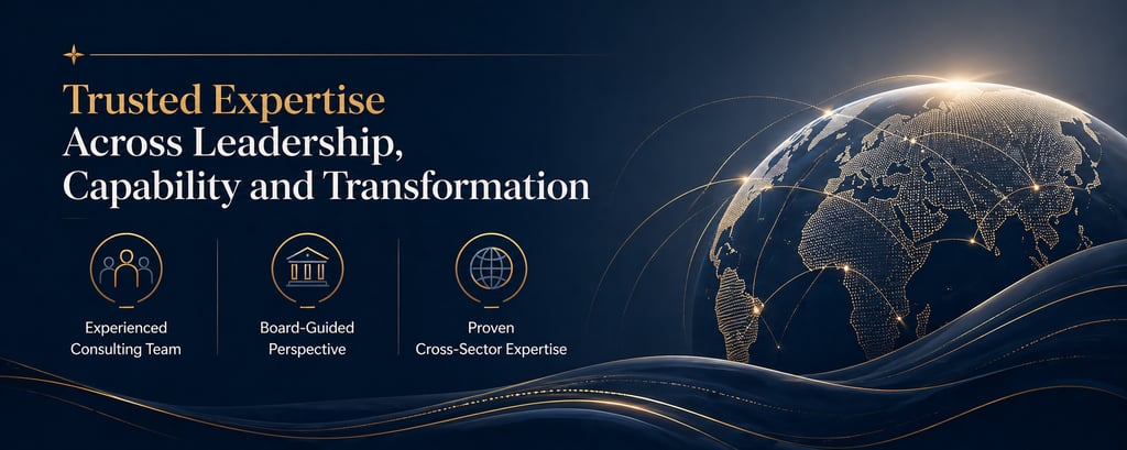Corporate banner for leadership and transformation services featuring a glowing digital globe and consulting icons.