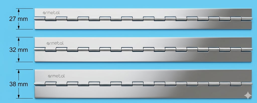 Three stainless steel continuous piano hinges in 27mm, 32mm, and 38mm widths for heavy duty hardware use.