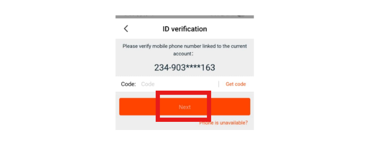 Screenshot of an ID verification screen showing mobile phone number verification and a next button