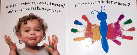 afbeelding van kind en vlinder uit het boek ik kijk, voel en maak, Roger Priddy. Kleurrijk en vrolij