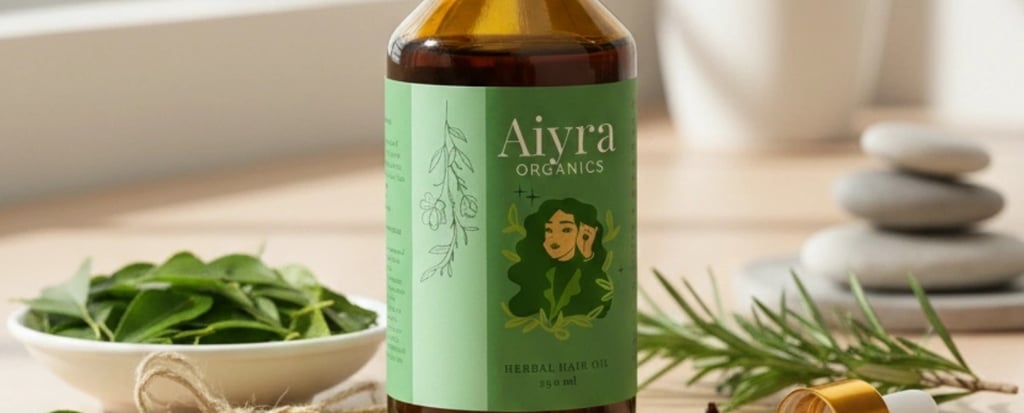 Aiyra Organics herbal hair oil rosemary, curry leaves, and a dropper for natural hair care.