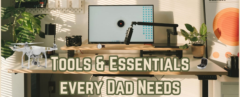 Picture of a Desk with a Computer, a boom mic, a camera, a drone, and some ear buds