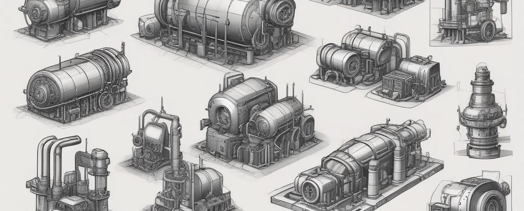 A well-maintained industrial or mechanical room featuring a variety of metal machinery and pipes. There is a large valve wheel and various gauges and switches, suggesting it may be part of a ship's engine room or an industrial plant.