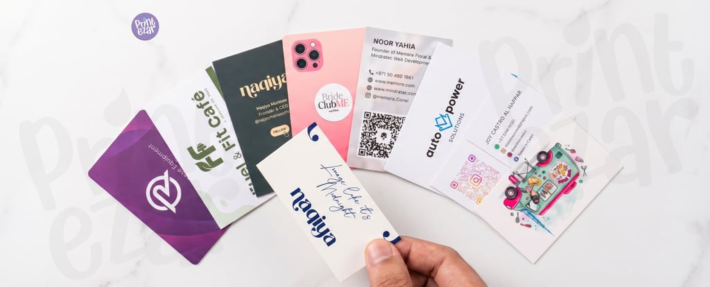 Business card printing UAE — matte laminated, gold foil, spot UV business cards by Printezar Studio 