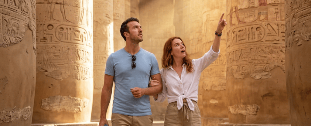 A couple tours the Great Hypostyle Hall at Karnak Temple in Luxor, Egypt, featuring ancient hieroglyphics.