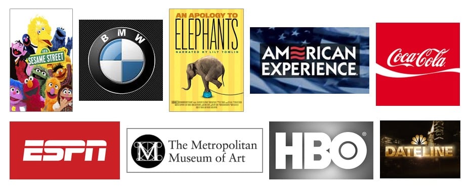 Collection of iconic brand logos and show posters including Sesame Street, BMW, Coca-Cola, ESPN, and HBO.