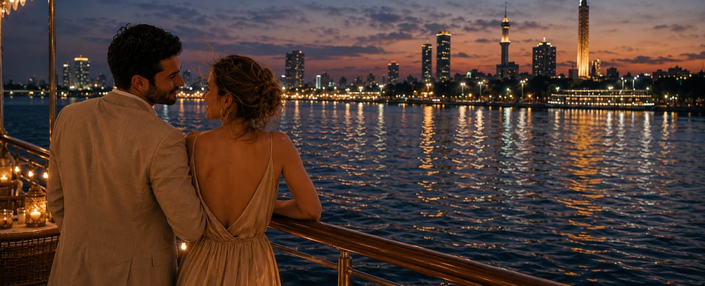 A romantic couple enjoys a dinner cruise on the Nile River with views of the Cairo skyline at sunset.