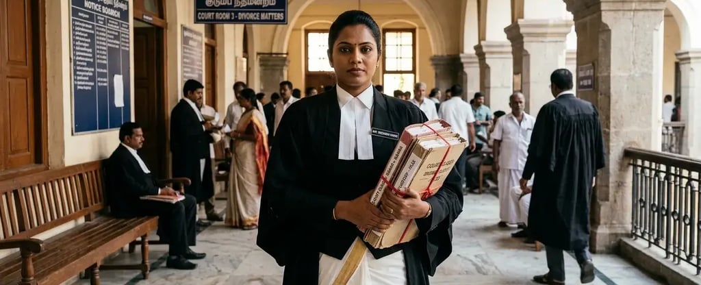 Best women lawyer in Chennai standing in family court handling divorce and maintenance case
