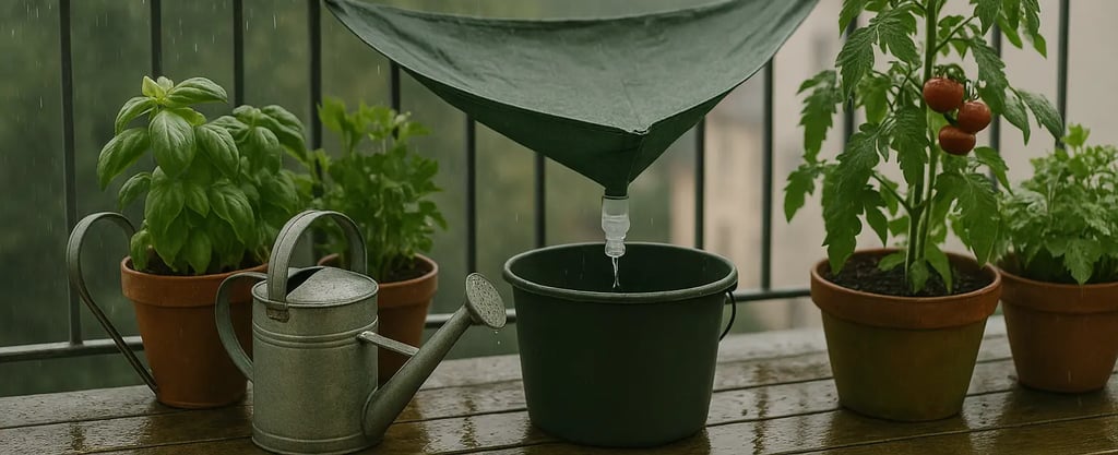 Balcon urbain avec plantes en pots sous la pluie, système de récupération d’eau fait maison