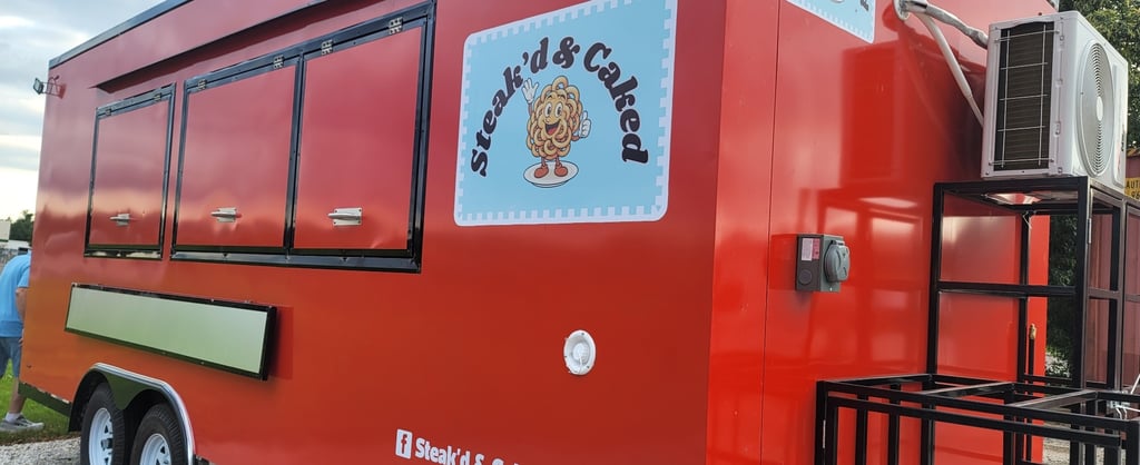 This is an image of our Steak'd & Caked Mobile Food Trailer. It measures 20 feet long by 8.5 feet wide.