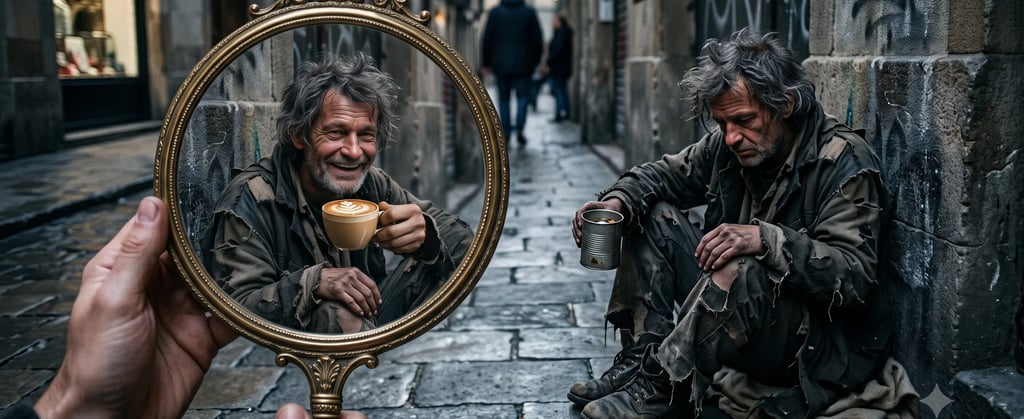 Hombre que cambia su estado de ánimo al ser mirado a través de un espejo.