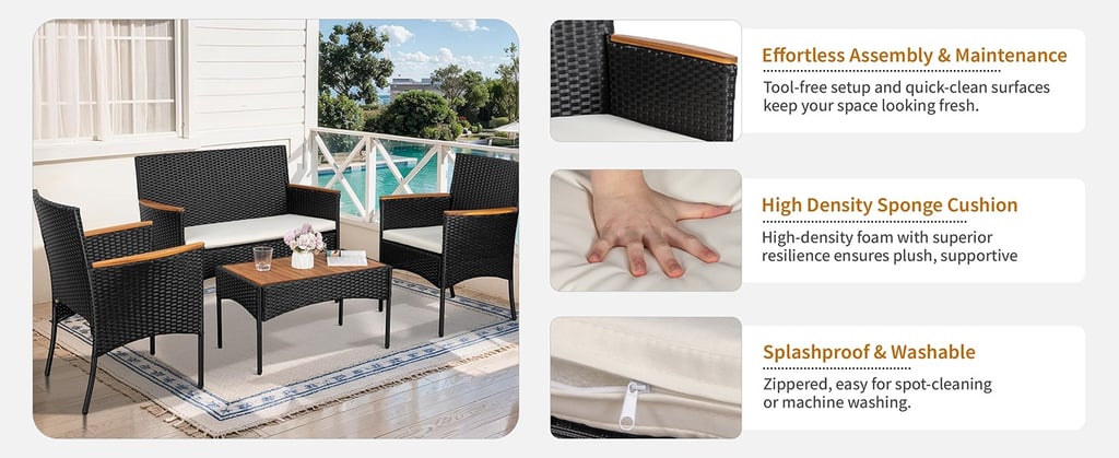 Outdoor garden furniture set with wicker seating and wooden tabletop coffee table